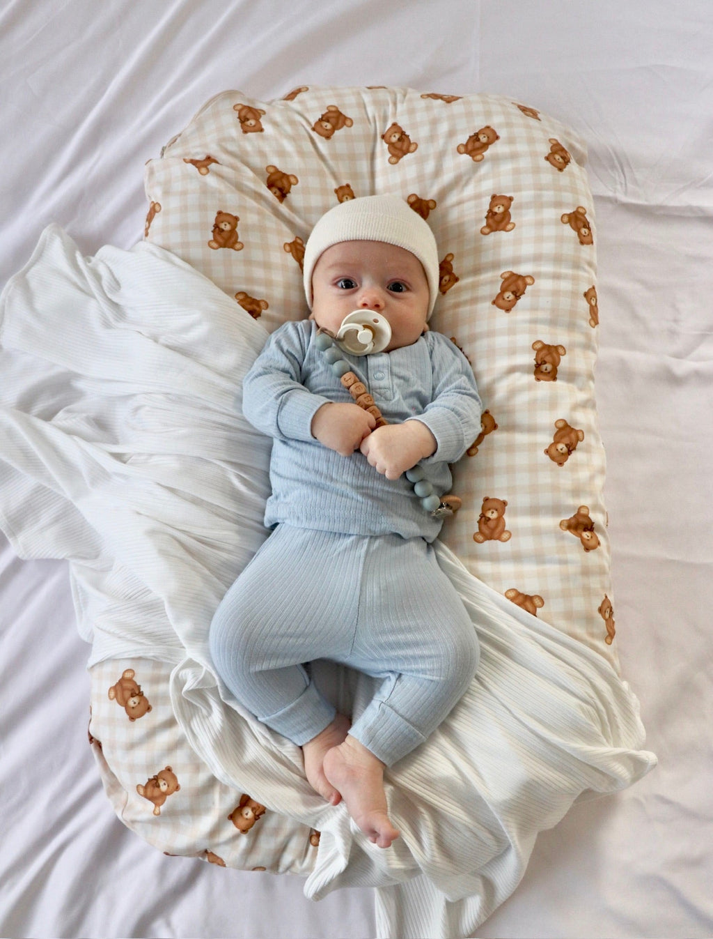 Beige Teddy Bear Gingham Ruffle Baby Lounger Cover