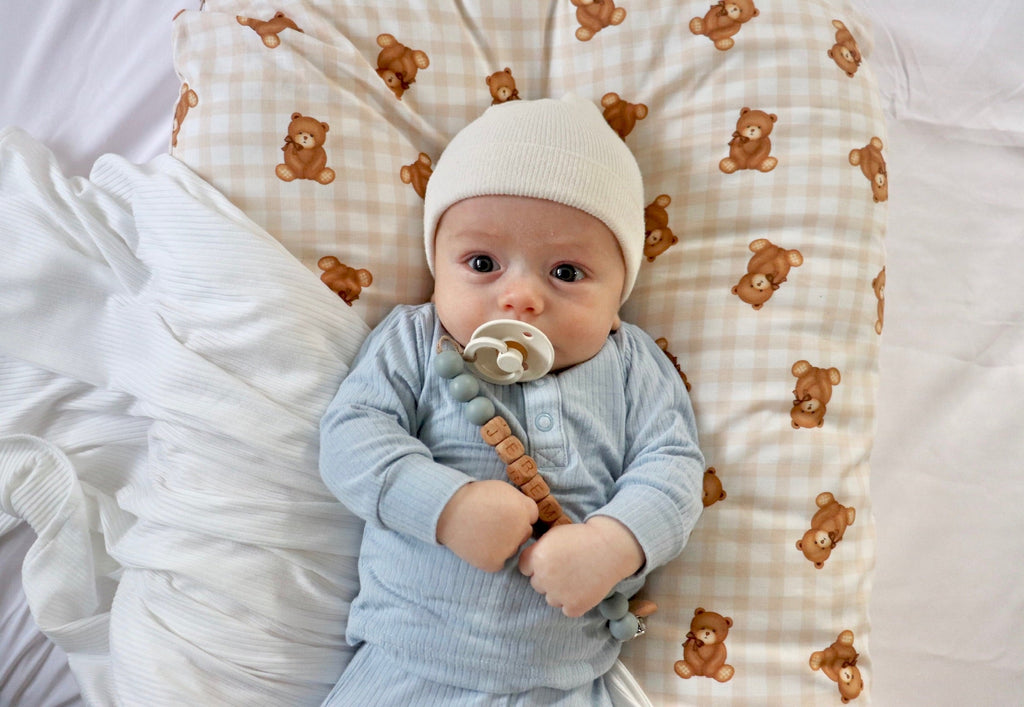 Beige Teddy Bear Gingham Ruffle Baby Lounger Cover